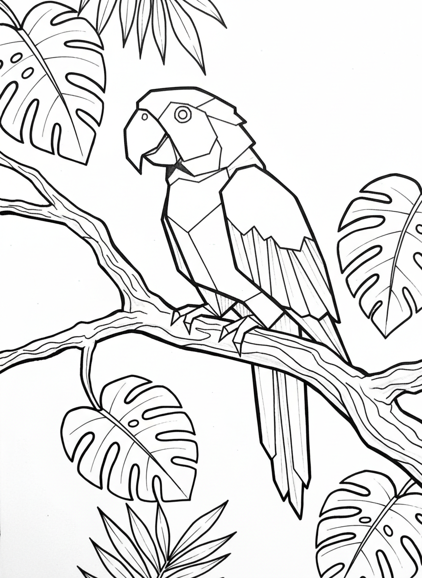 A colorful origami parrot perched on a branch, showing detailed wing folds and a distinctive curved beak with tropical leaves in background.