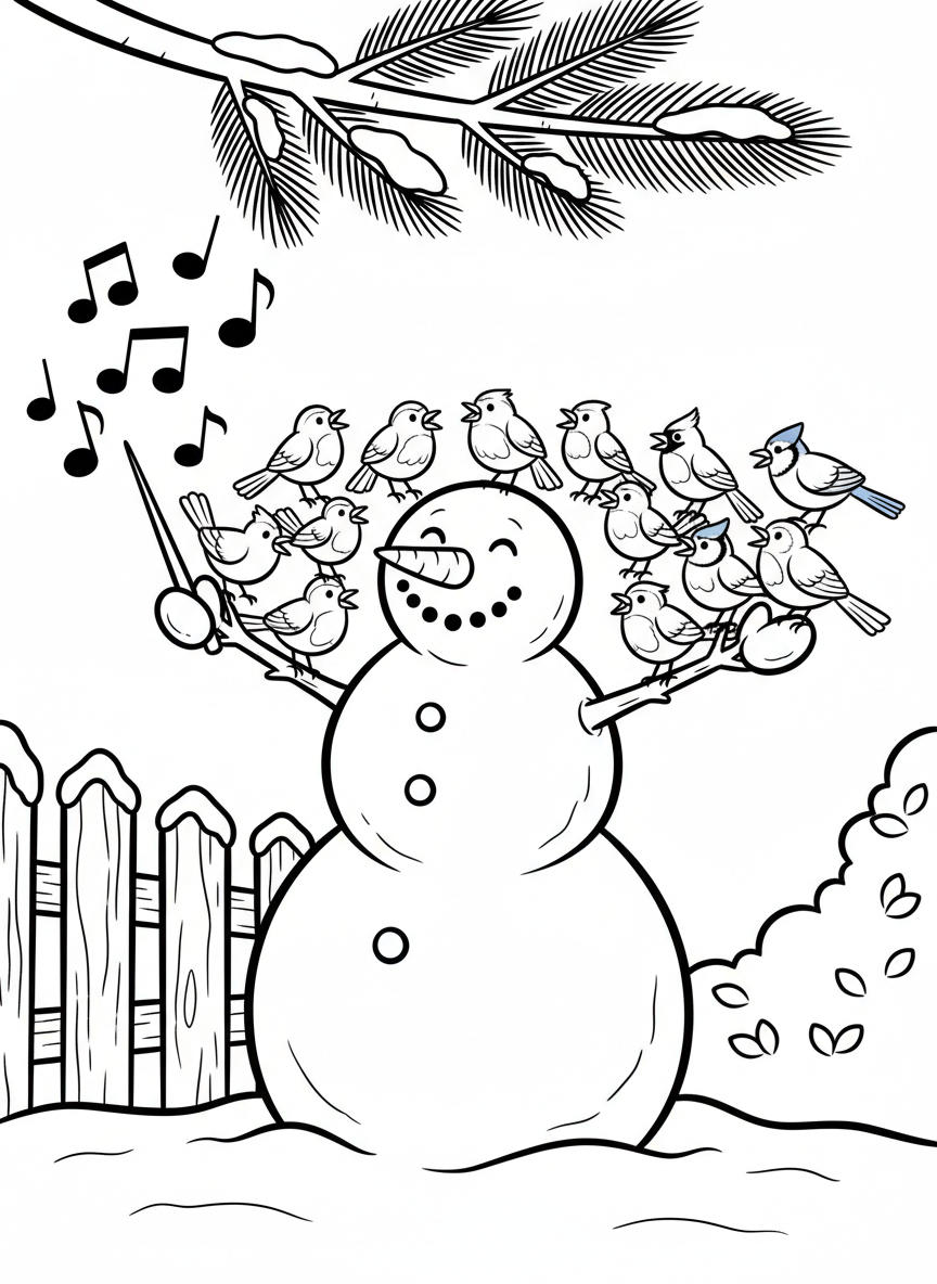 A snowman conducting a choir of winter birds perched on its stick arms, holding a conductor's baton with musical notes floating around.
