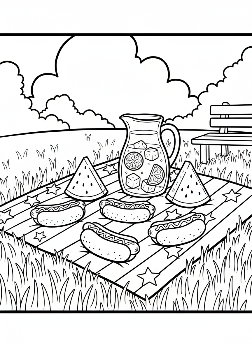 A picnic blanket with hot dogs, watermelon slices, and lemonade pitcher, patriotic themed outdoor scene