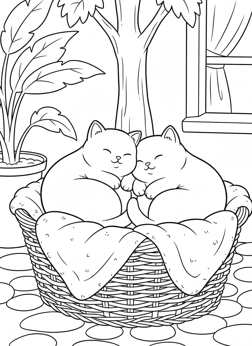 Two kittens curled up sleeping together in a cozy basket with a blanket, peaceful friendship moment.