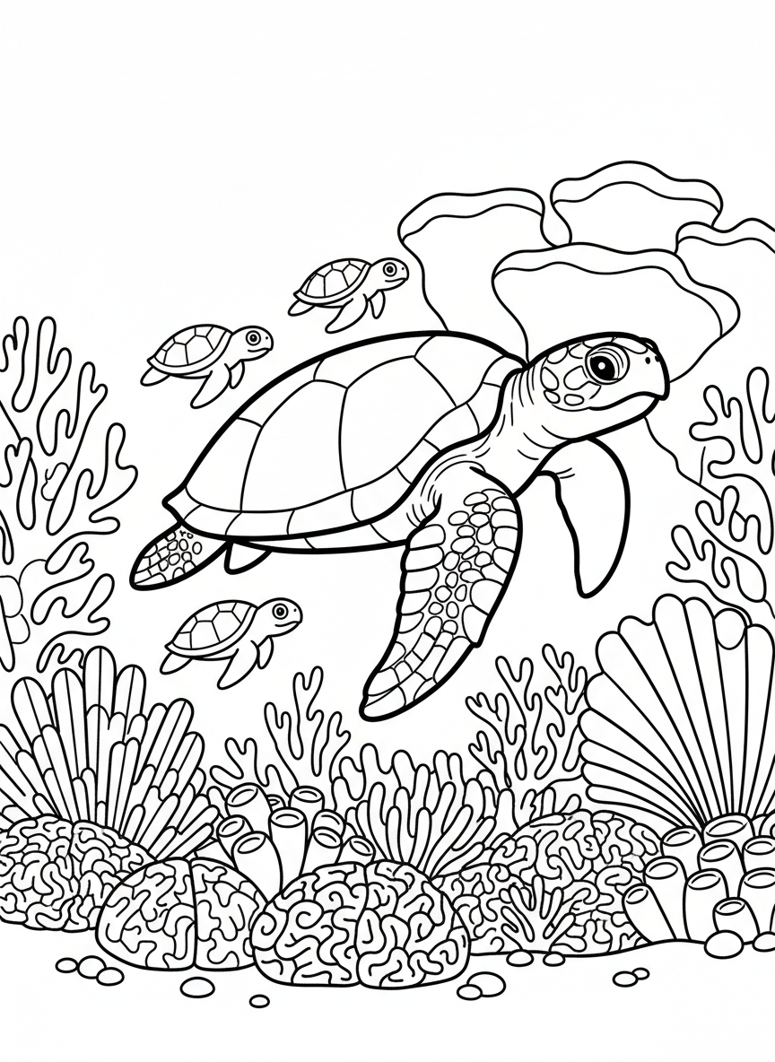 A sea turtle family with baby turtles swimming near colorful coral formations and sea fans