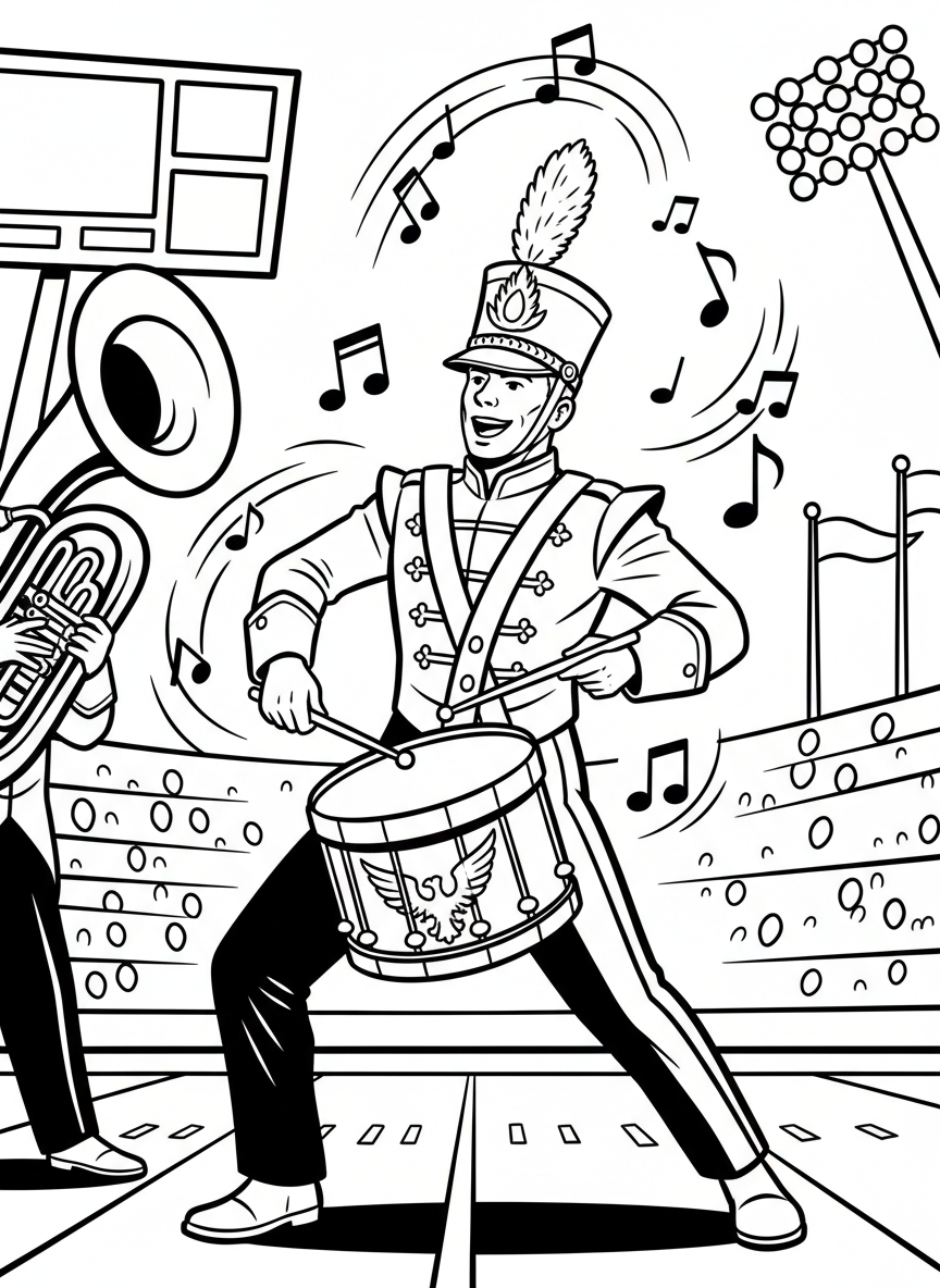 A marching band drummer playing energetically during halftime, wearing a uniform with a tall hat and surrounded by musical notes.
