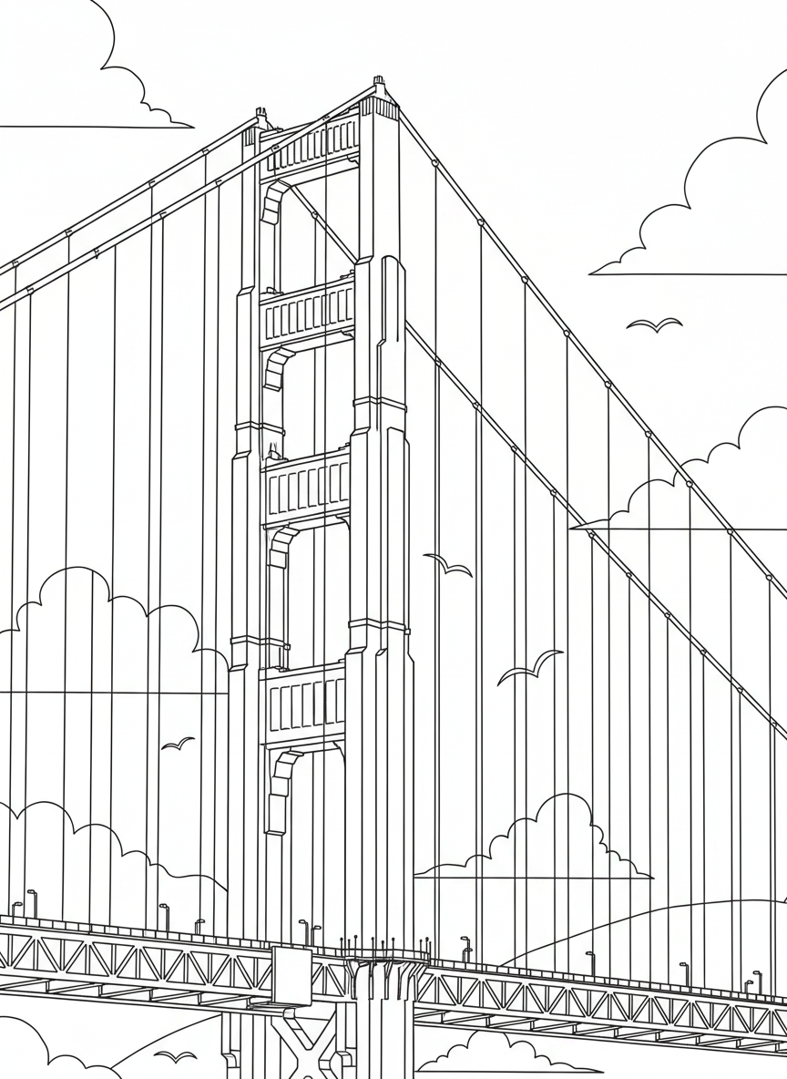 The Golden Gate Bridge tower close-up view with clouds and birds, bold simple lines suitable for young children to color.