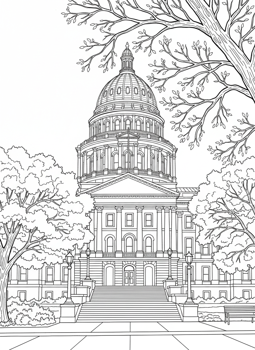 The Colorado State Capitol building with its distinctive gold dome, front steps, and surrounding trees, medium difficulty coloring page.