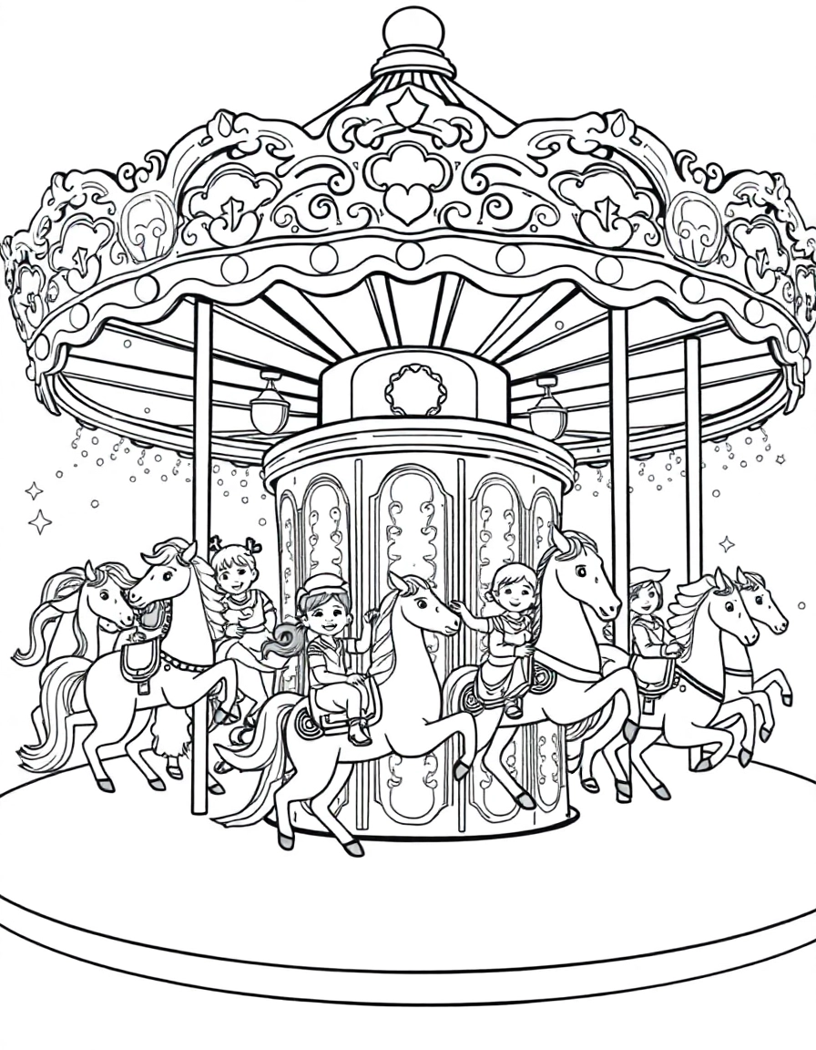 A grand and brightly lit carousel in full motion, featuring beautifully decorated horses, swans, and other whimsical animals. Children with happy expressions ride the animals, and cheerful lights twinkle around the carousel's ornate canopy.