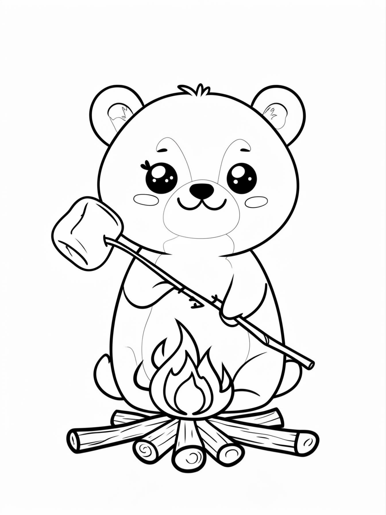 S'mores Time: Happy cute animal holding a stick with a perfectly toasted, gooey marshmallow over a small campfire.