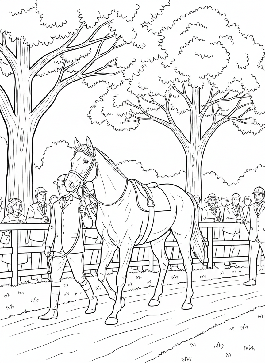 A racehorse being led by a handler through the paddock area, with spectators watching from behind the fence.