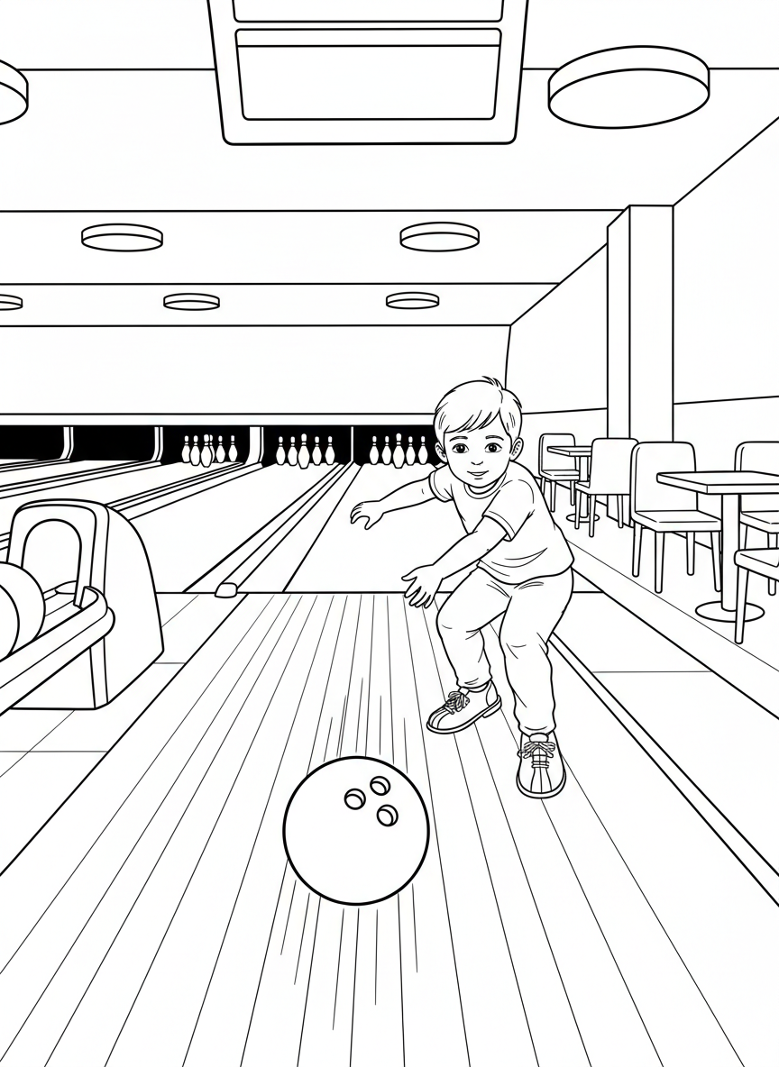 A child bowling at a bowling alley, releasing the ball down the lane toward pins, fun indoor sport.
