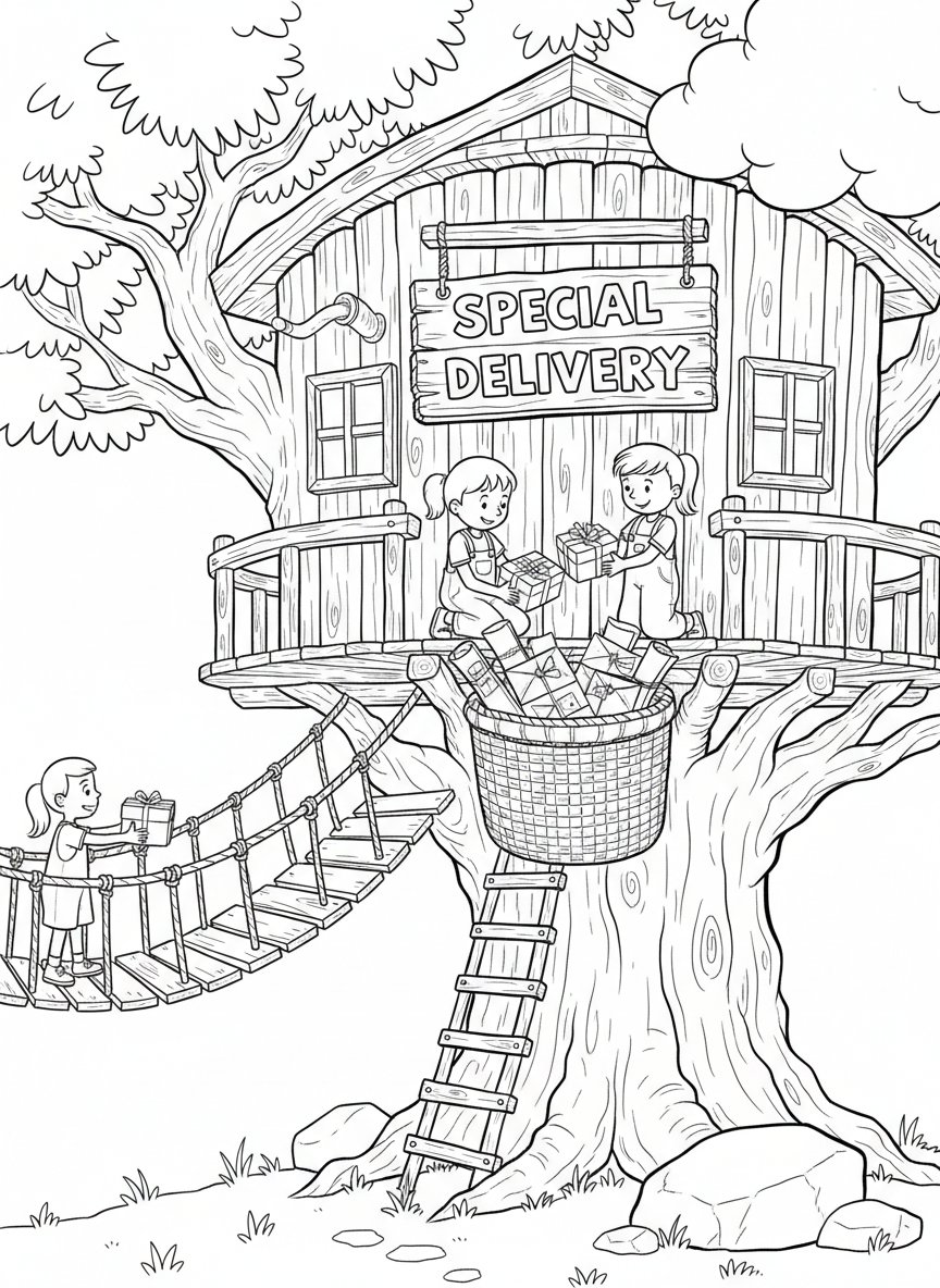 A treehouse clubhouse with a 'Special Delivery' sign, showing kids unloading letters and small parcels from a just-arrived pulley basket.