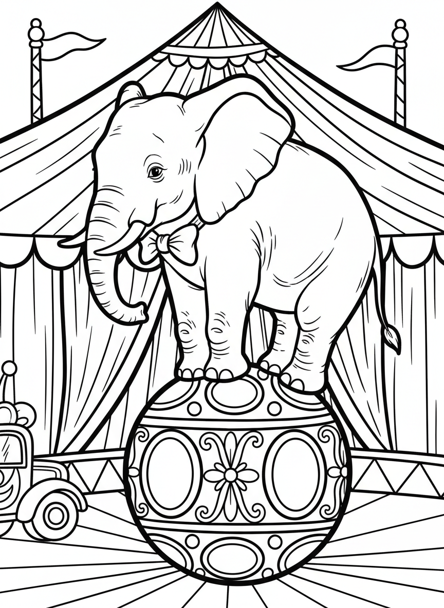 An elephant balancing on a decorative ball at a circus, wearing a simple bow, whimsical Pottery Barn style with charming details