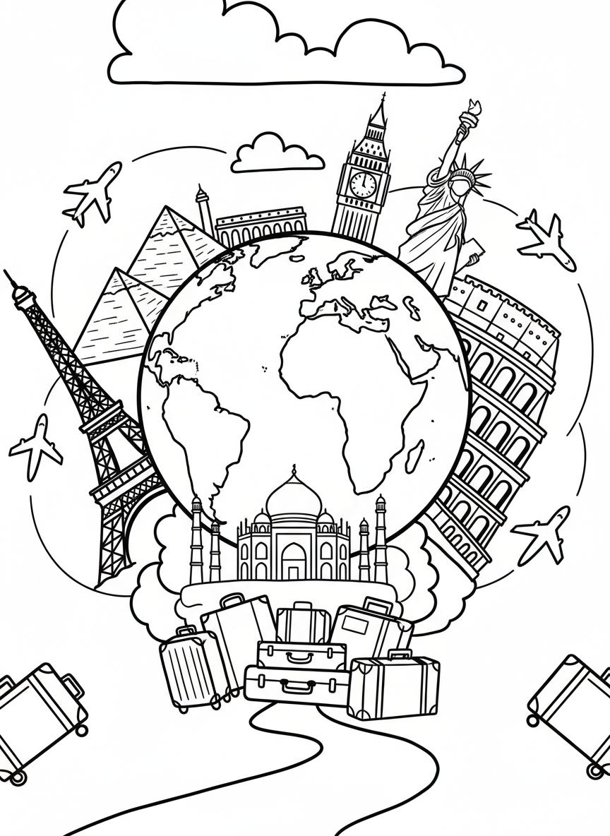A view of famous landmarks from different countries arranged around a globe, with airplanes flying overhead and travel suitcases nearby.