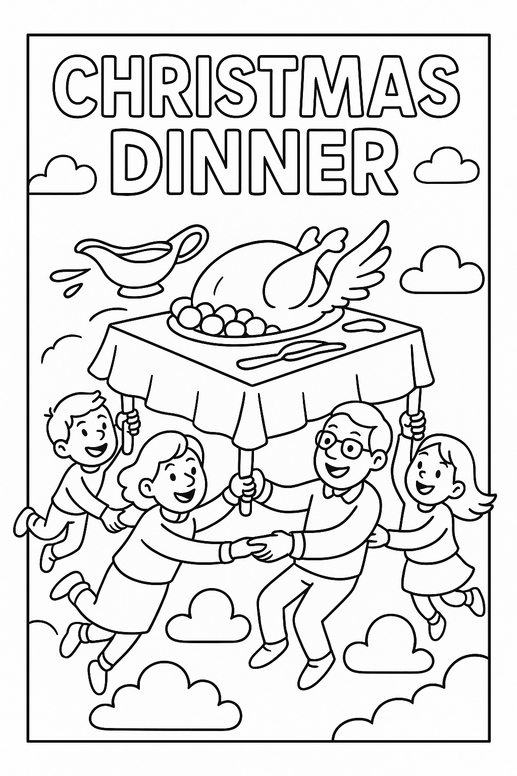 Christmas dinner table flying through sky, family holding on, turkey with wings, floating gravy boat, cloud dining, thick black outlines, surreal holiday meal adventure