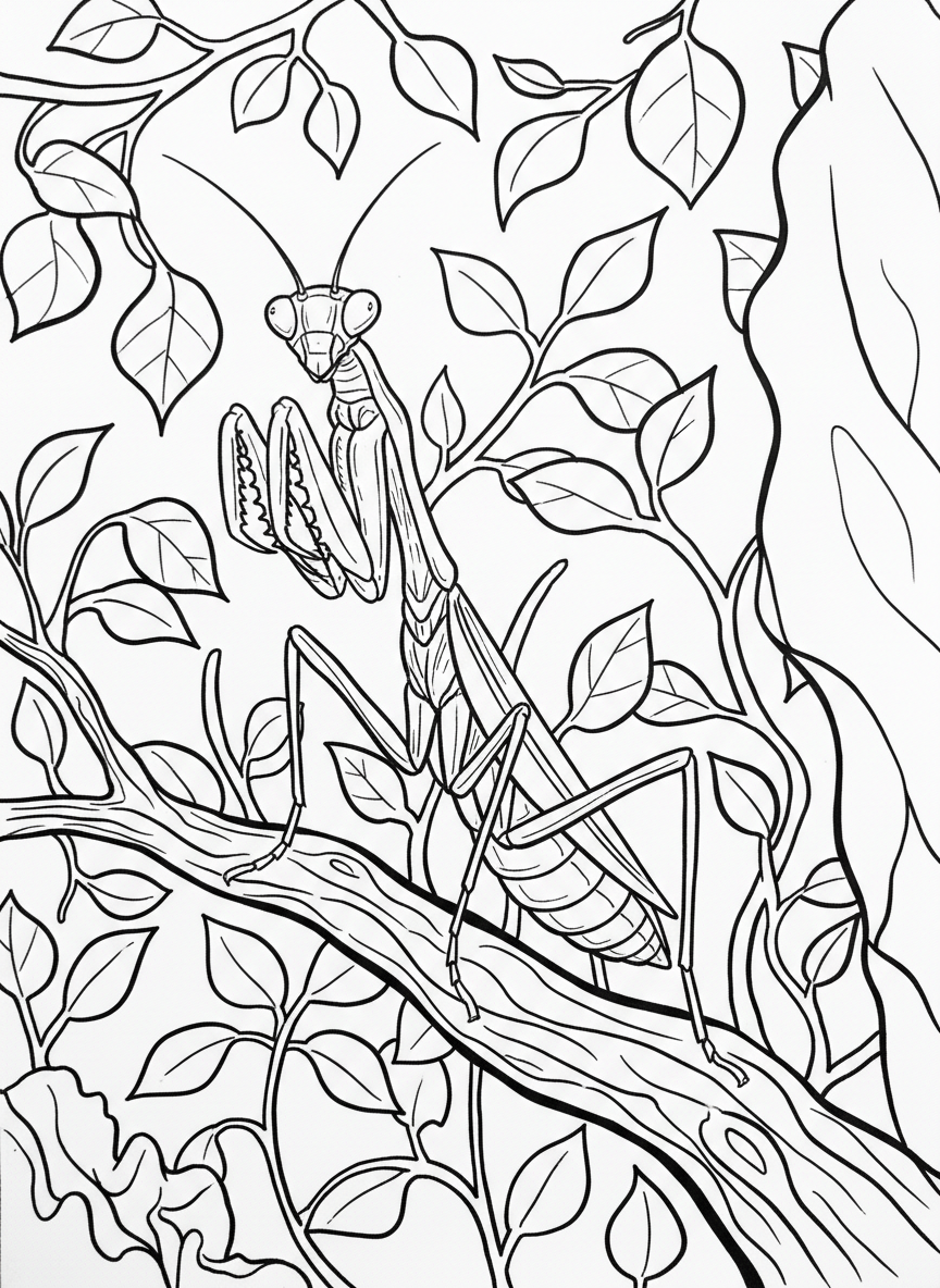 A praying mantis standing on a branch with its distinctive front legs, surrounded by simple leaves and stems in a garden environment.
