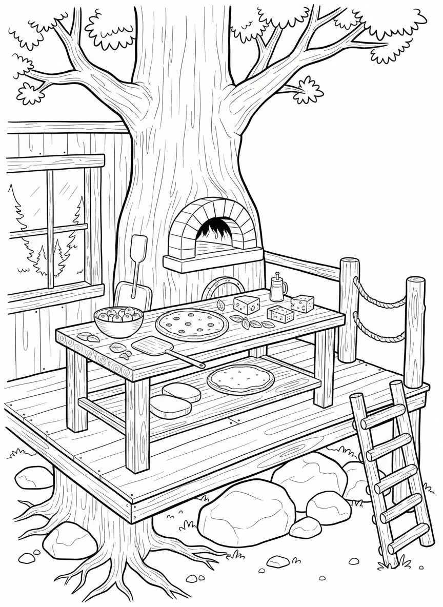 A treehouse kitchen with a wood-fired pizza oven built into the tree trunk, with pizza ingredients on a prep table.