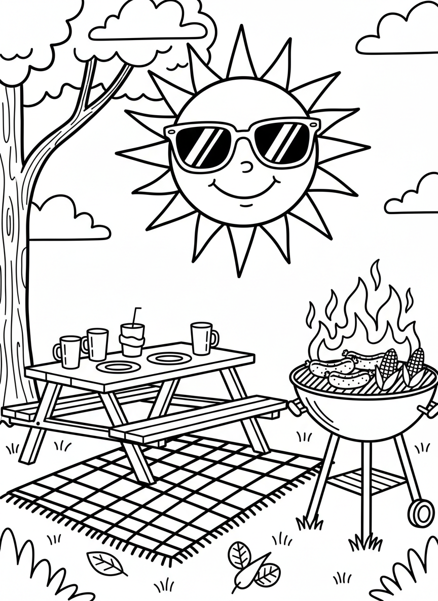 A smiling sun wearing sunglasses above a barbecue grill with hot dogs and corn, picnic table with plates and cups, summer celebration scene