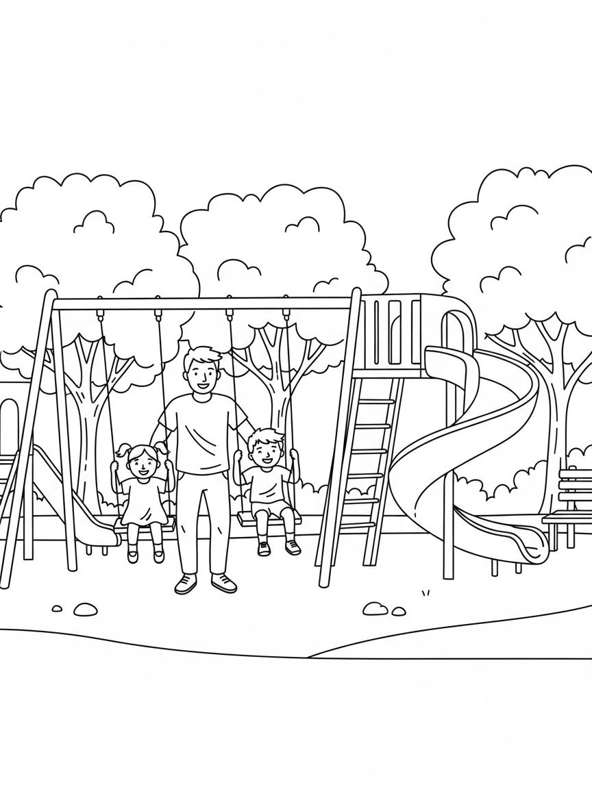 A father pushing children on swings at a playground, with slides and trees visible in a simple park setting.