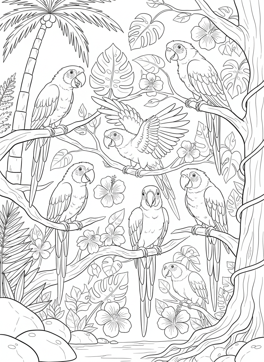 A group of colorful parrots gathered on branches, each with different poses and expressions, creating a lively jungle scene.