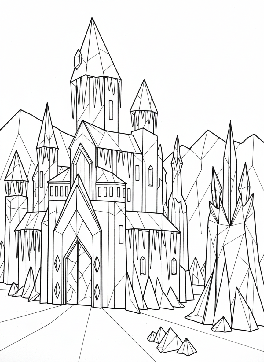 An origami ice castle with crystalline geometric shapes, pointed icicle decorations, and angular paper folds creating a winter palace effect.