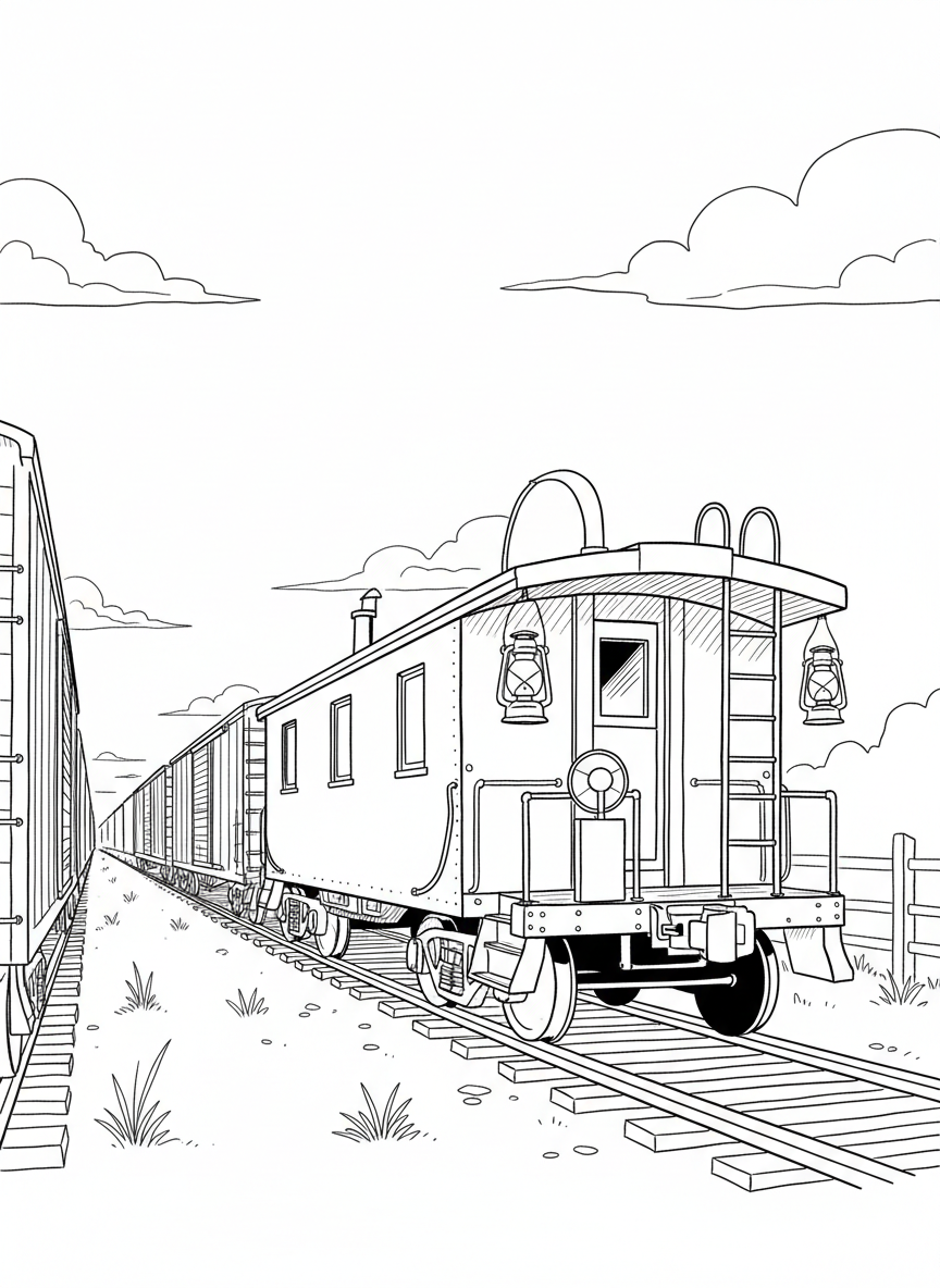 A old-fashioned caboose at the end of a long train, with a small porch, ladder, and lanterns hanging on the sides.