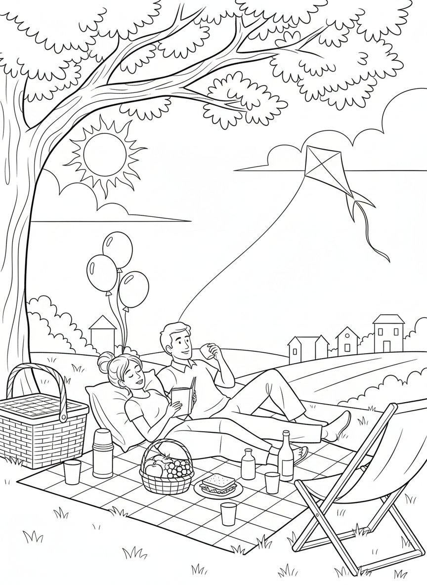 Labor Day Picnic coloring page prompts celebrating late-summer gatherings, relaxation, and seasonal transition.	A relaxed end-of-summer picnic atmosphere with fewer crowds and gentle light.