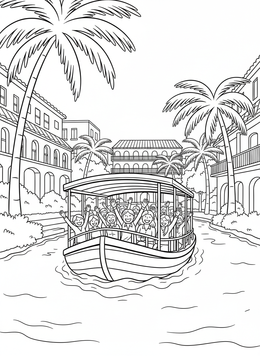 A cheerful river boat floating on the San Antonio River Walk with passengers waving, palm trees and buildings lining the banks, simple line-art style.