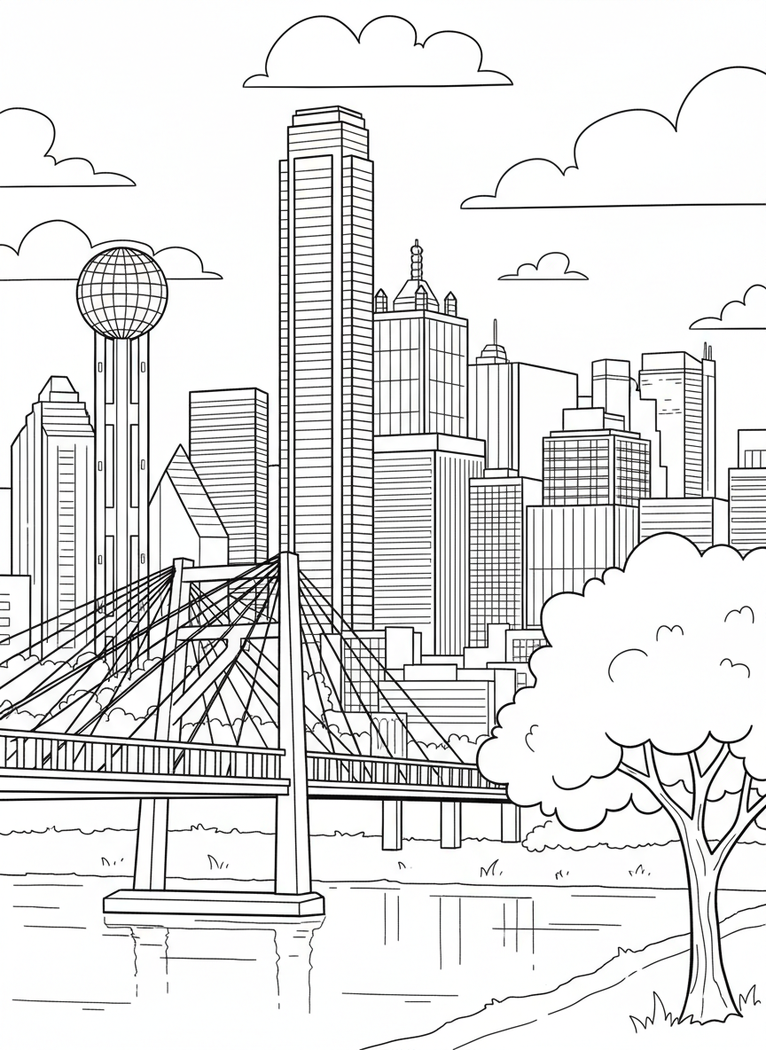 Dallas skyline featuring multiple skyscrapers of different heights and shapes, viewed from across a bridge, detailed line art coloring page