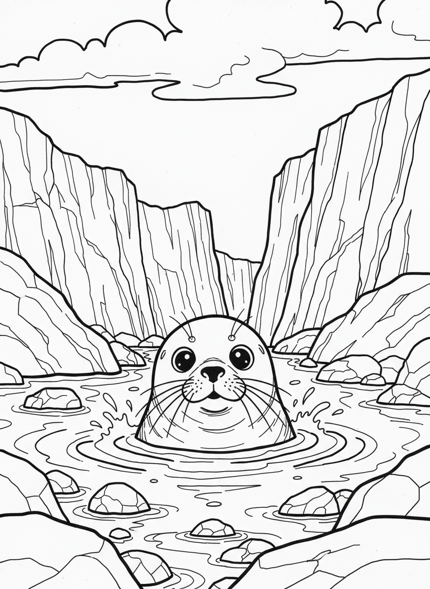 A playful seal pup poking its head above the water in a rocky tide pool area, with cliffs in the background.
