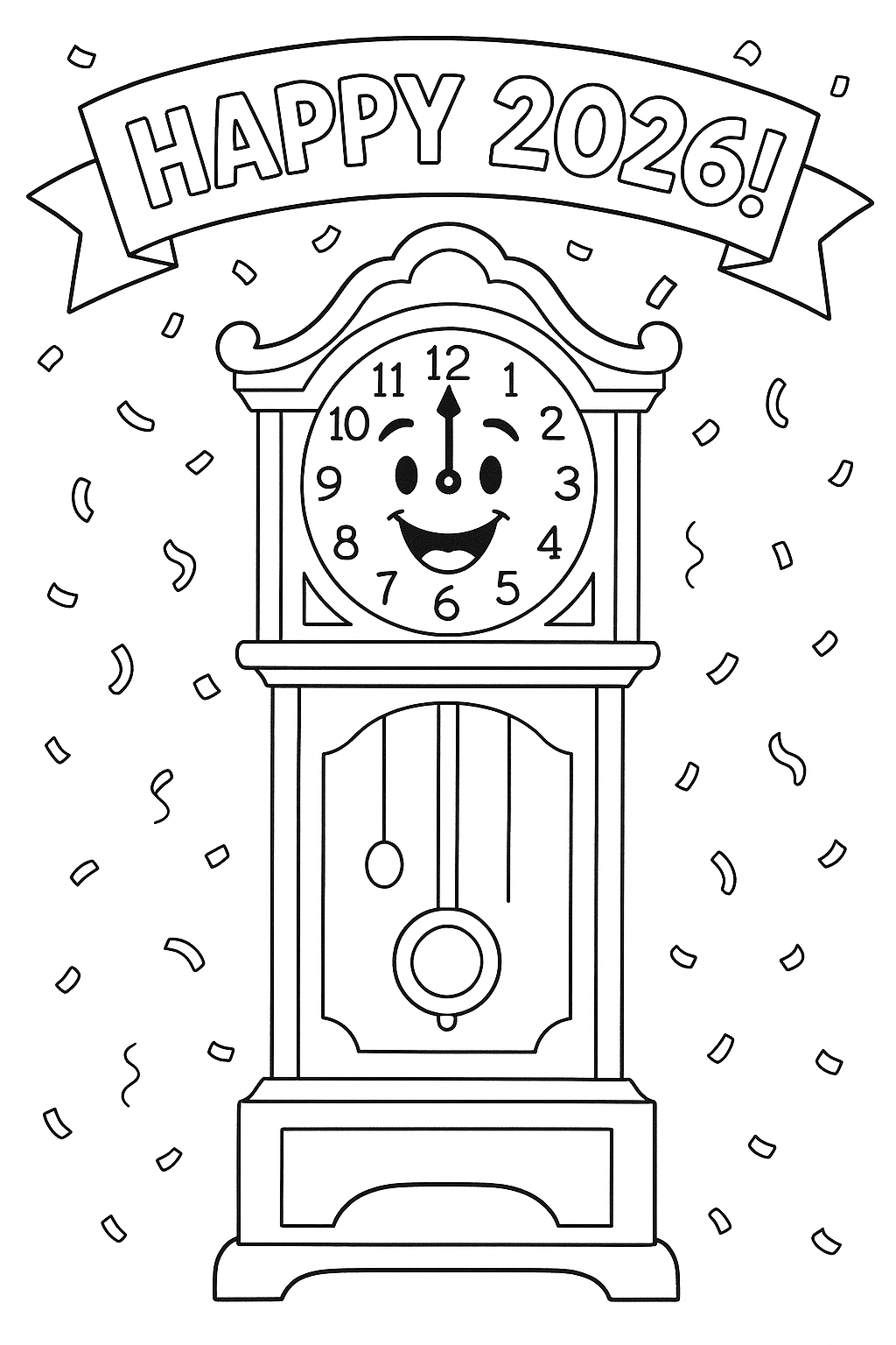 The Clock Strikes Midnight: A friendly grandfather clock with its hands at 12 o'clock, with "Happy 2026!" written in a banner above it and confetti falling.