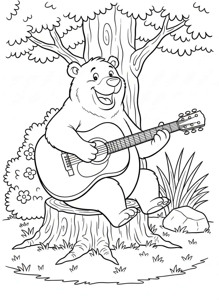 A cheerful cartoon bear playing a large acoustic guitar while sitting on a tree stump, simple line art with clear outlines perfect for coloring.