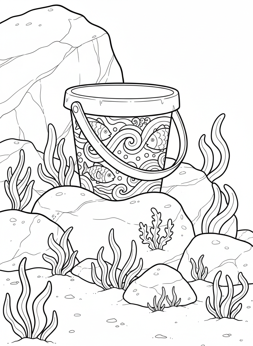 A child's beach bucket decorated with ocean waves and fish patterns, sitting on sandy rocks with seaweed nearby.