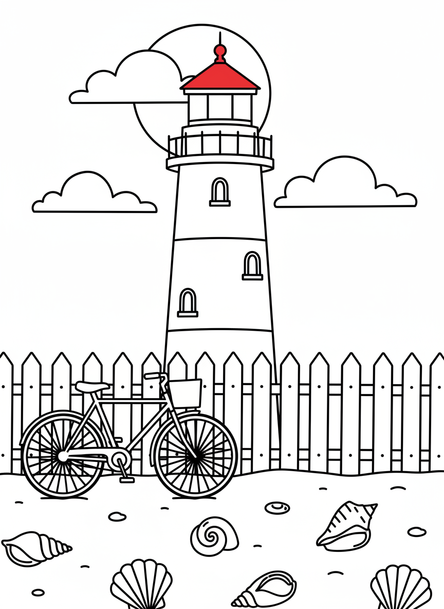 A classic white lighthouse with a red roof, surrounded by a white picket fence, a bicycle leaning against it, and seashells scattered around