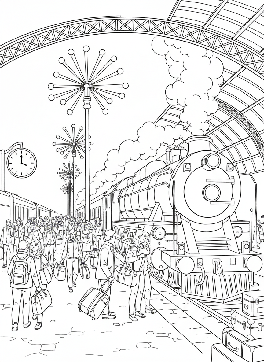 A busy train station with passengers waiting on the platform, luggage nearby, and a large passenger train arriving under tall station lights.