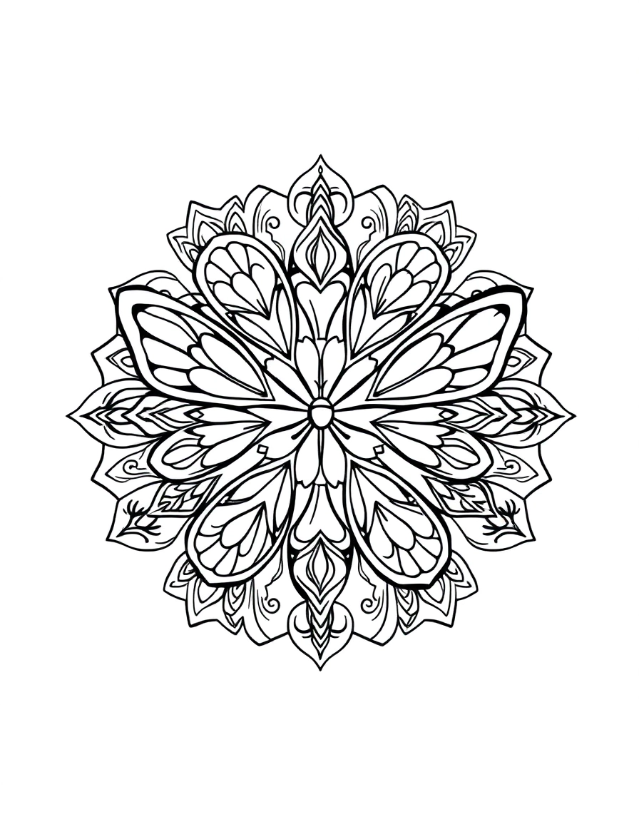 simple mandala: Butterfly Ring: Four butterflies arranged in a circle, nose-to-nose in the center, with their wings creating the outer pattern.