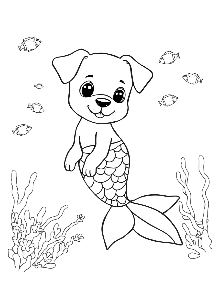 make a combination of a puppy and a mermaid. the mermaid tail should be in the style of the rainbow fish book character, swimming in the ocean with coral reef and other small fish around it
