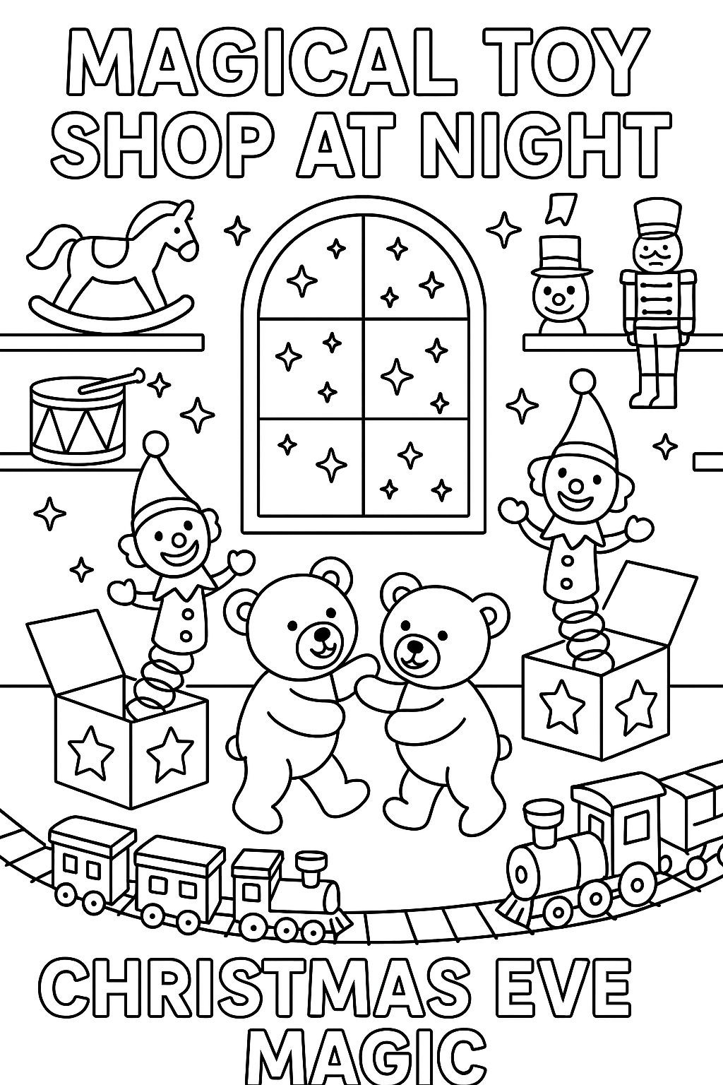 Coloring page: magical toy shop at night, toys coming alive, teddy bears dancing, jack-in-boxes popping, train circling, twinkling stars through window, thick black outlines, whimsical Christmas eve magic
