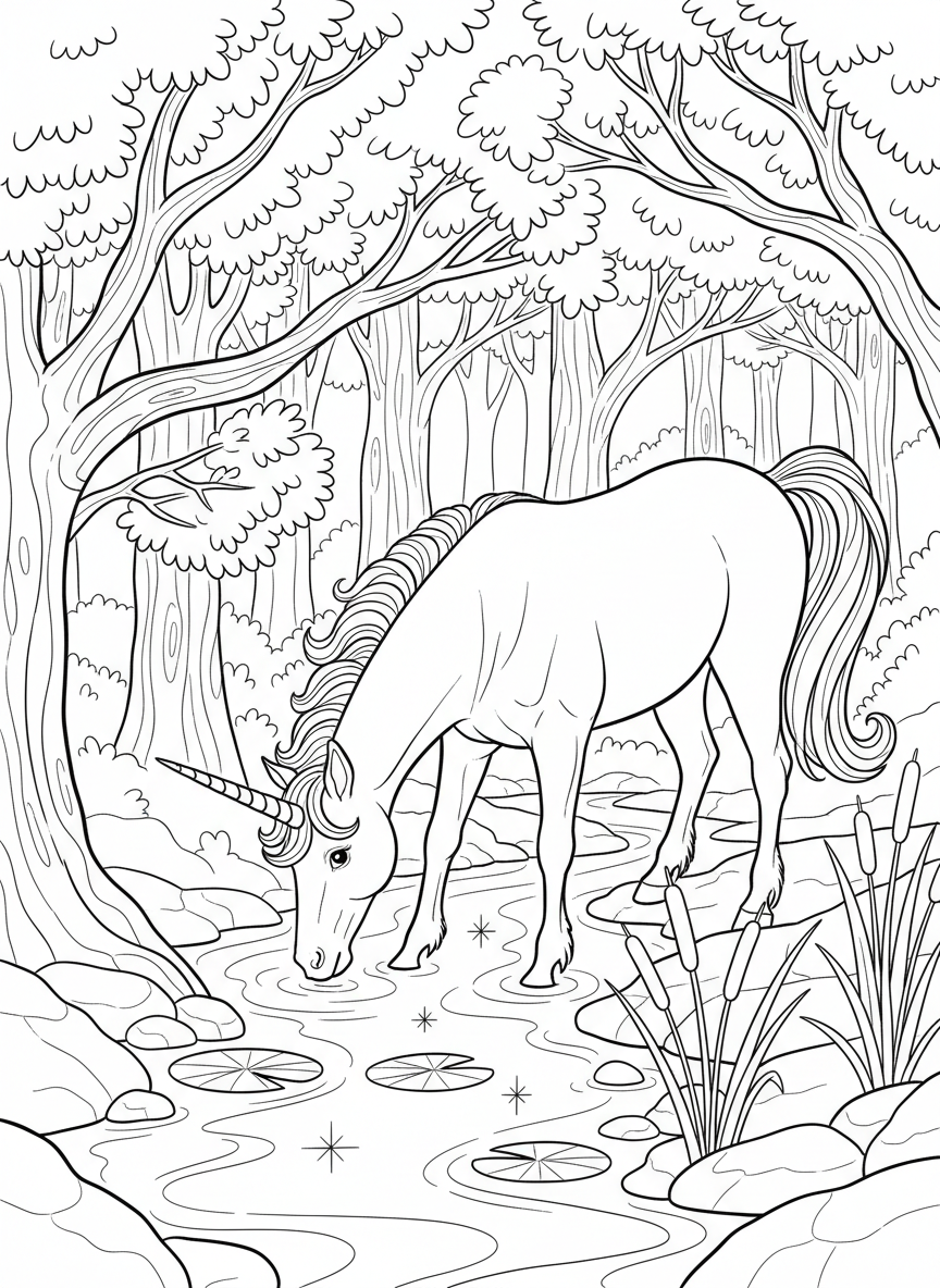 A unicorn drinking from a sparkling stream with lily pads and cattails, peaceful nature scene