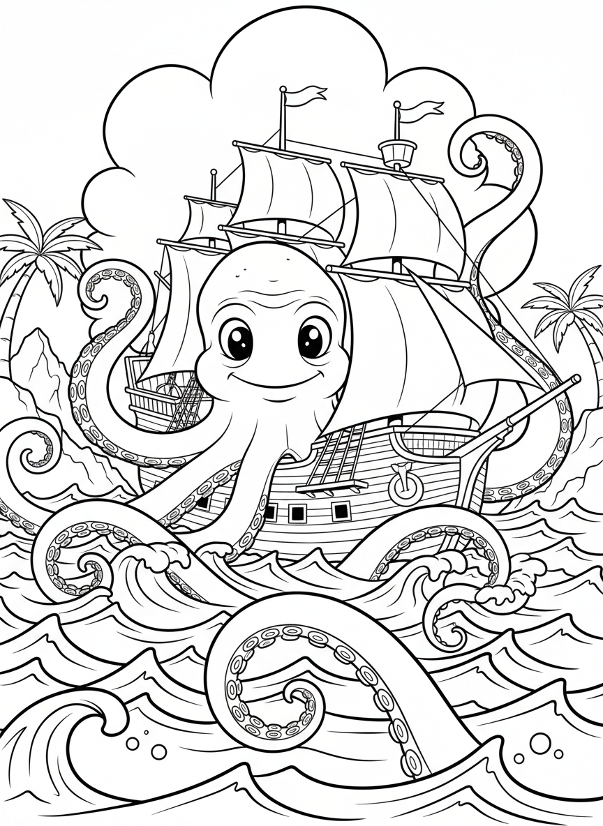 A cheerful kraken with friendly eyes and curling tentacles emerging from the sea near a pirate ship.