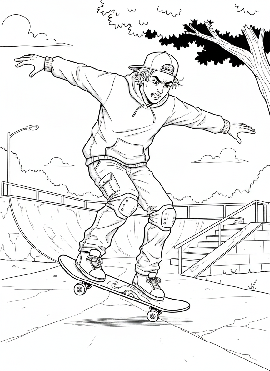 A young skater doing a manual trick, balancing on back wheels only, arms spread wide, concentration visible on face.