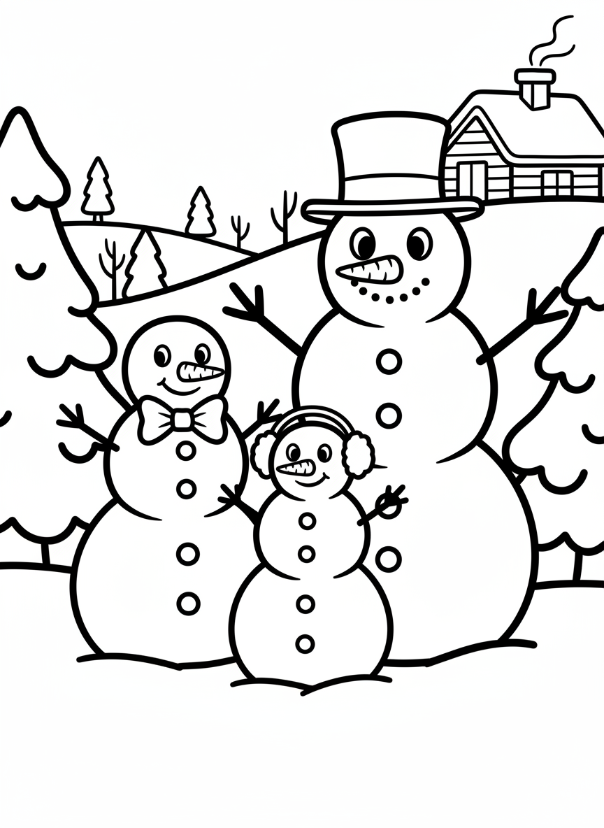 A family of three snowmen of different sizes standing together, the smallest wearing earmuffs, the middle one with a bow tie, and the tallest with a top hat.