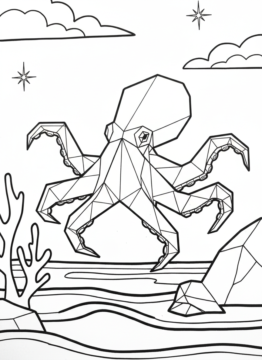 A cute origami octopus with eight angular tentacles, each showing distinct paper fold creases and geometric shapes.