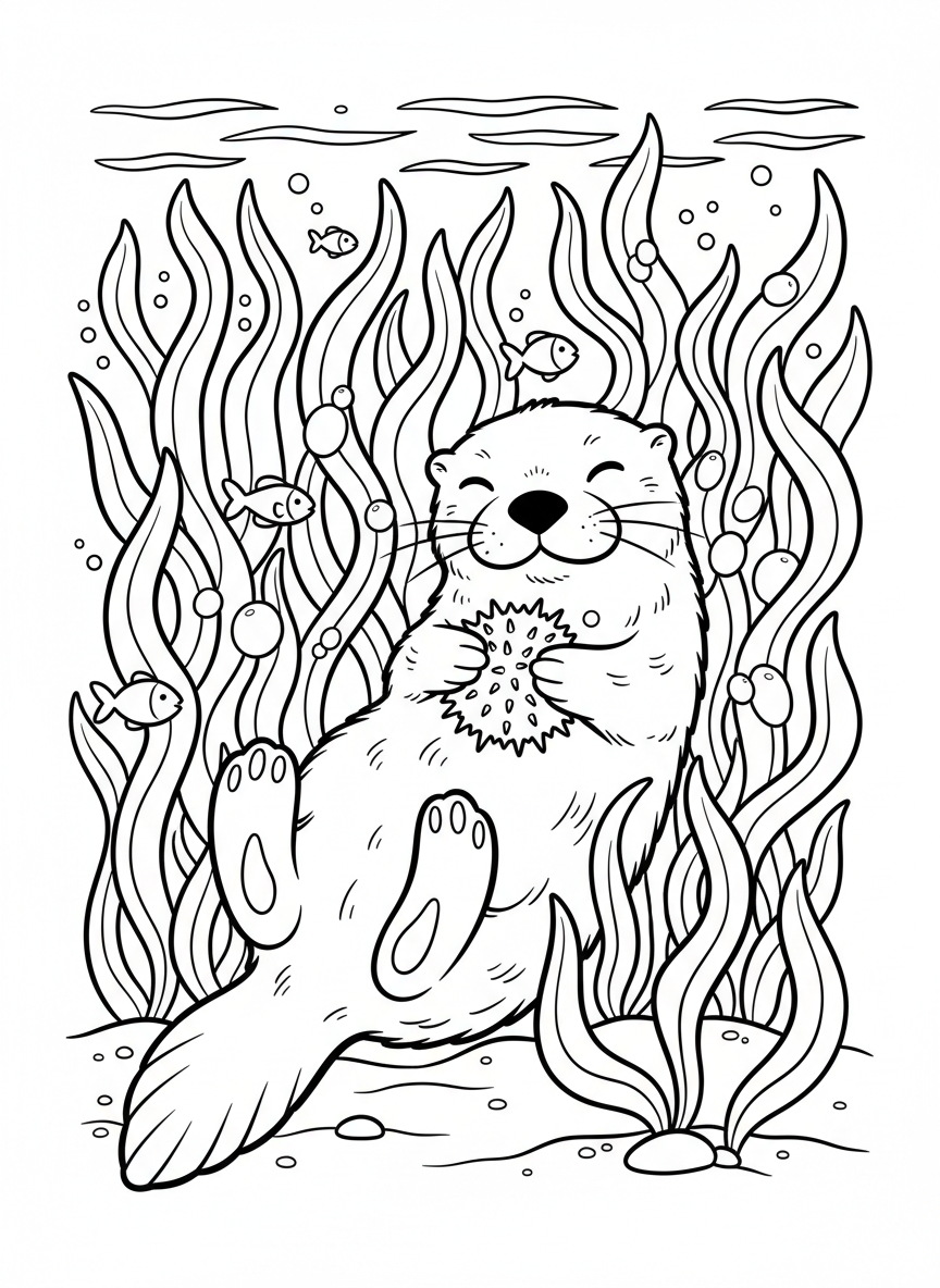 A friendly sea otter floating on its back among tall kelp strands, holding a sea urchin on its belly, simple line art for coloring