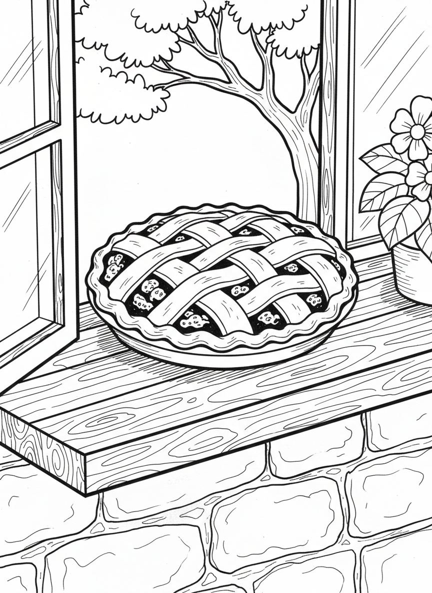 A pie cooling on a windowsill with a lattice top crust and visible fruit filling
