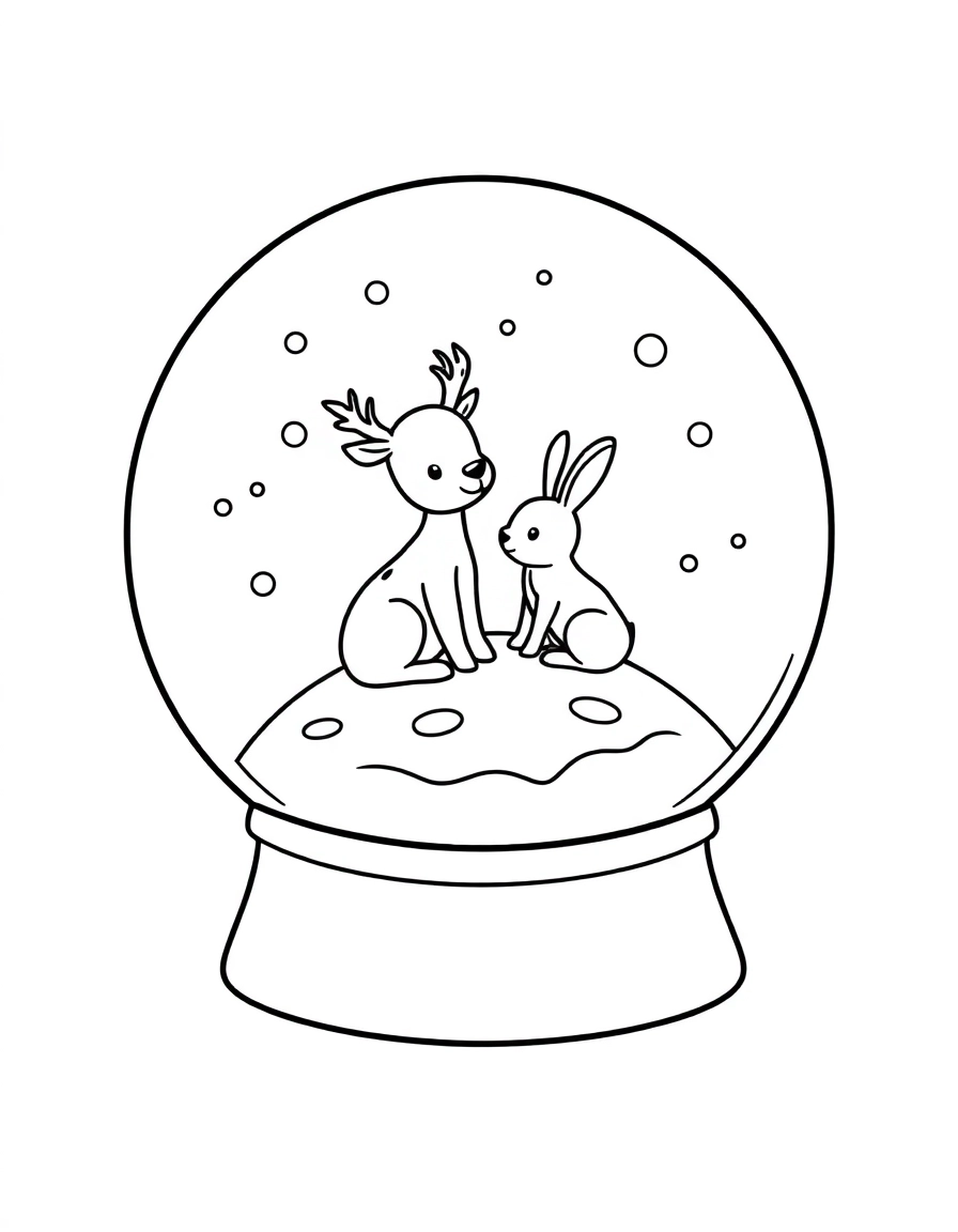 snow globe: Forest Friends: A globe showing a deer and a rabbit sitting together on a tiny hill of snow, safe inside the glass.