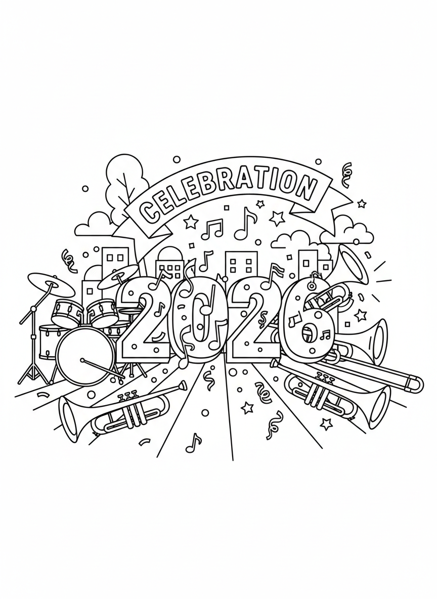 Musical instruments like drums and trumpets arranged around '2026' with musical notes and celebration symbols creating a festive band scene.