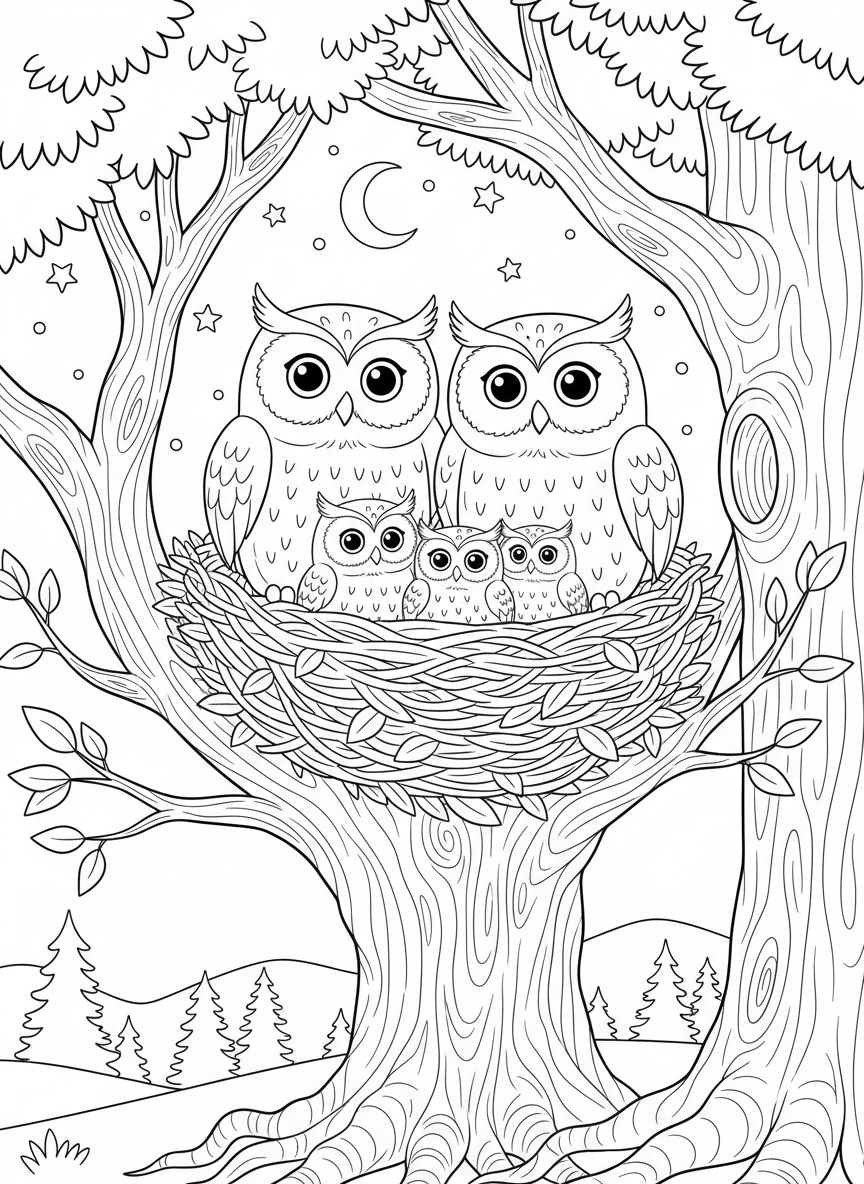 An owl family in their tree nest with baby owlets, heartwarming woodland coloring page