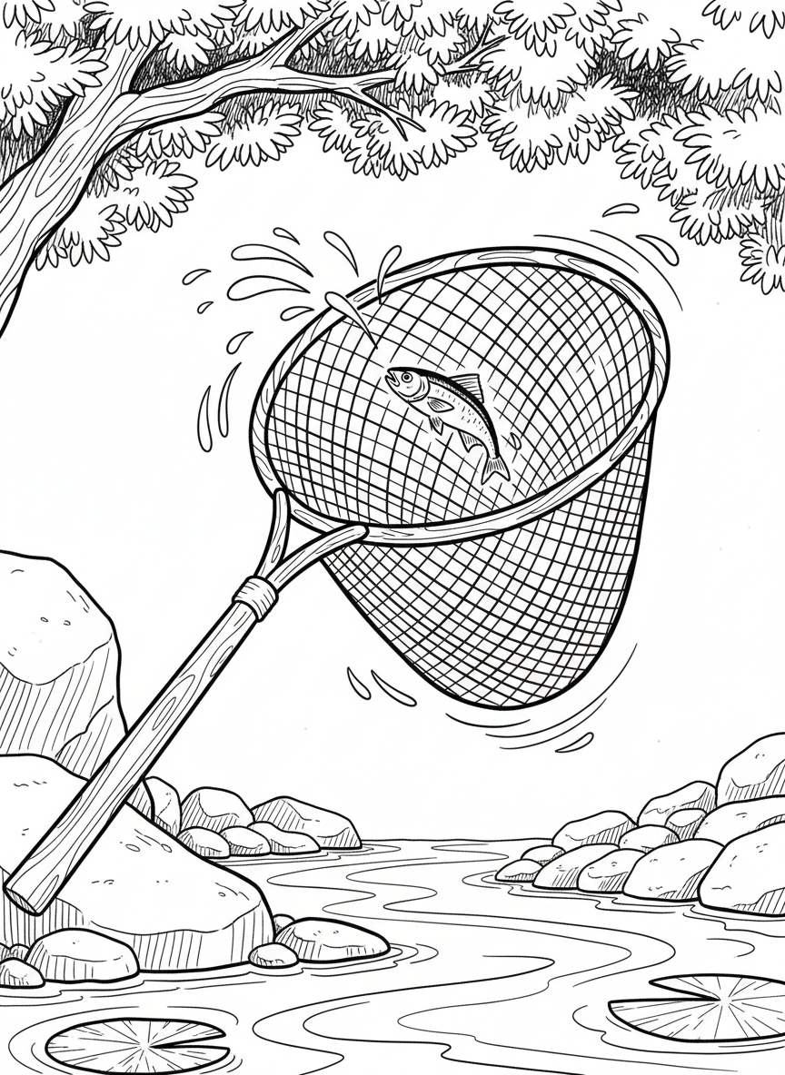 A mesh dip net with long handle catching a small fish, water droplets around it, action scene with simple lines