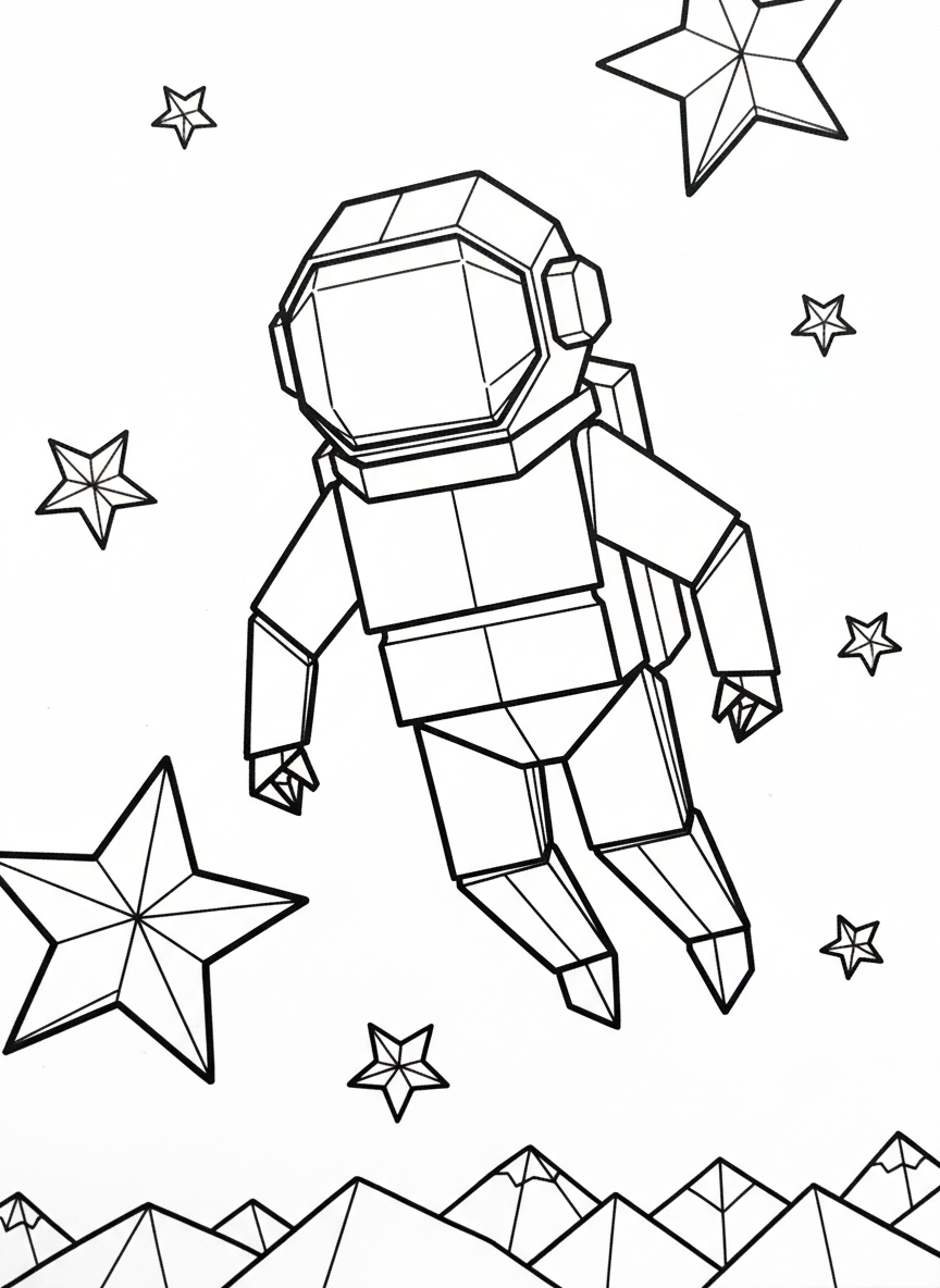 An origami astronaut robot with geometric helmet, rectangular body, and angular limbs floating among simple star shapes