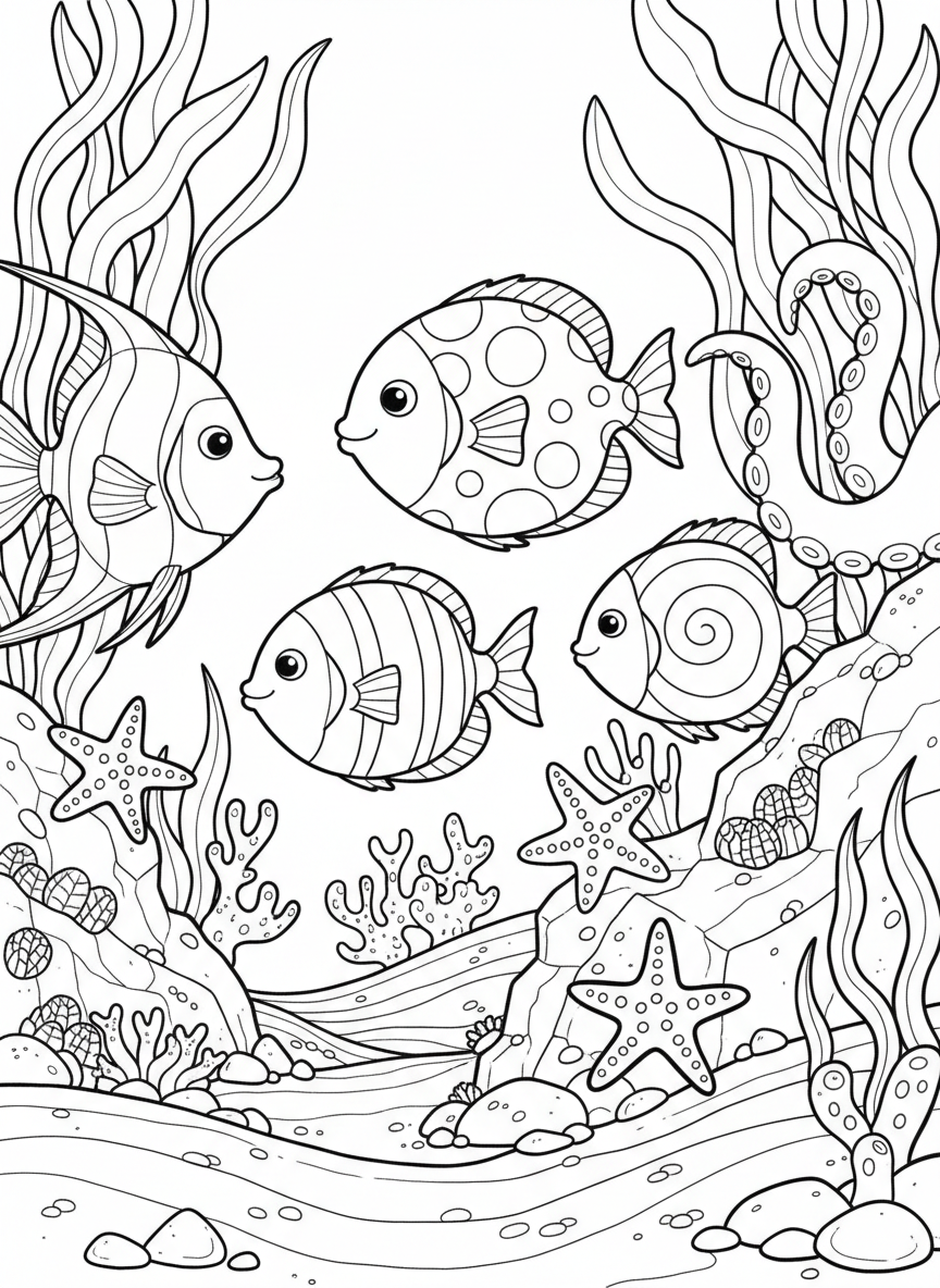 A lively ocean scene with colorful fish, starfish on rocks, and sand shifting gently along the sea floor.