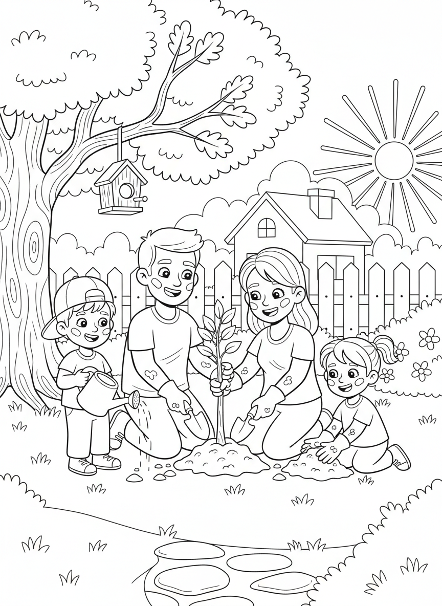 Arbor Day coloring page prompts focused on tree planting, growth, and long-term environmental stewardship.	A family planting a tree in their yard, hands dirty and faces proud.