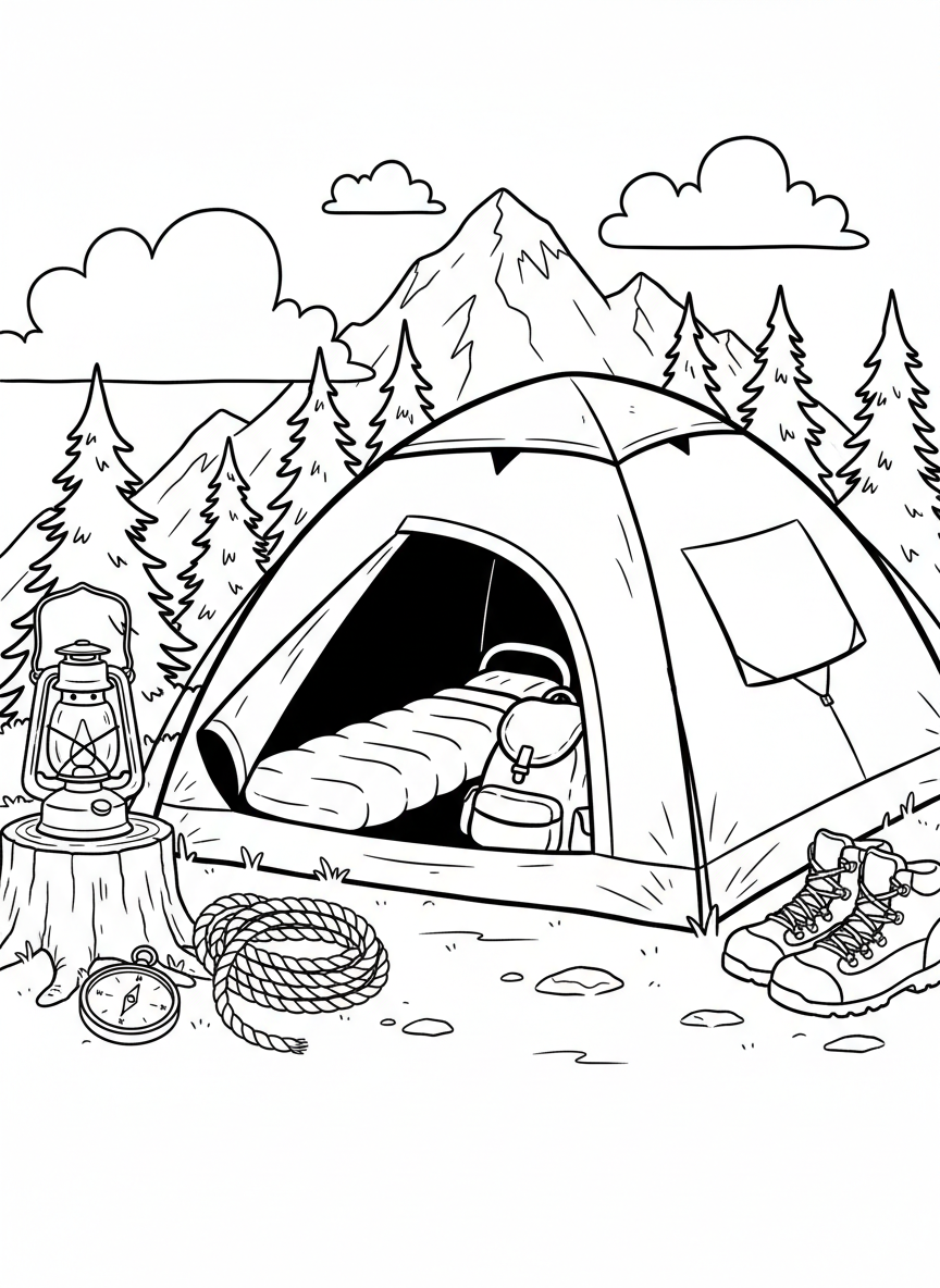 Detailed scene of a tent with camping gear organized outside: lantern, compass, rope, and hiking boots.